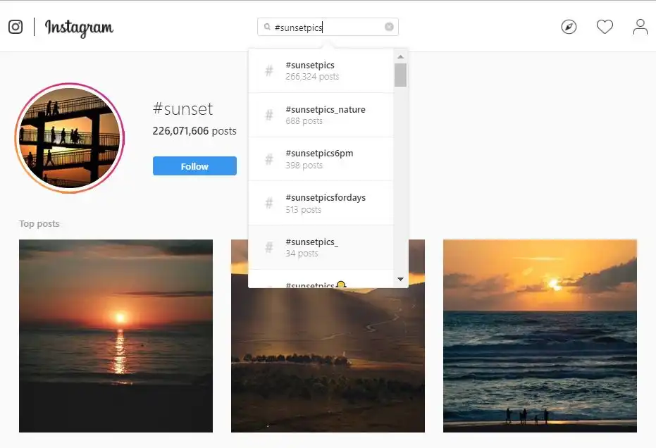 Screenshot of Instagram search for sunset hashtags