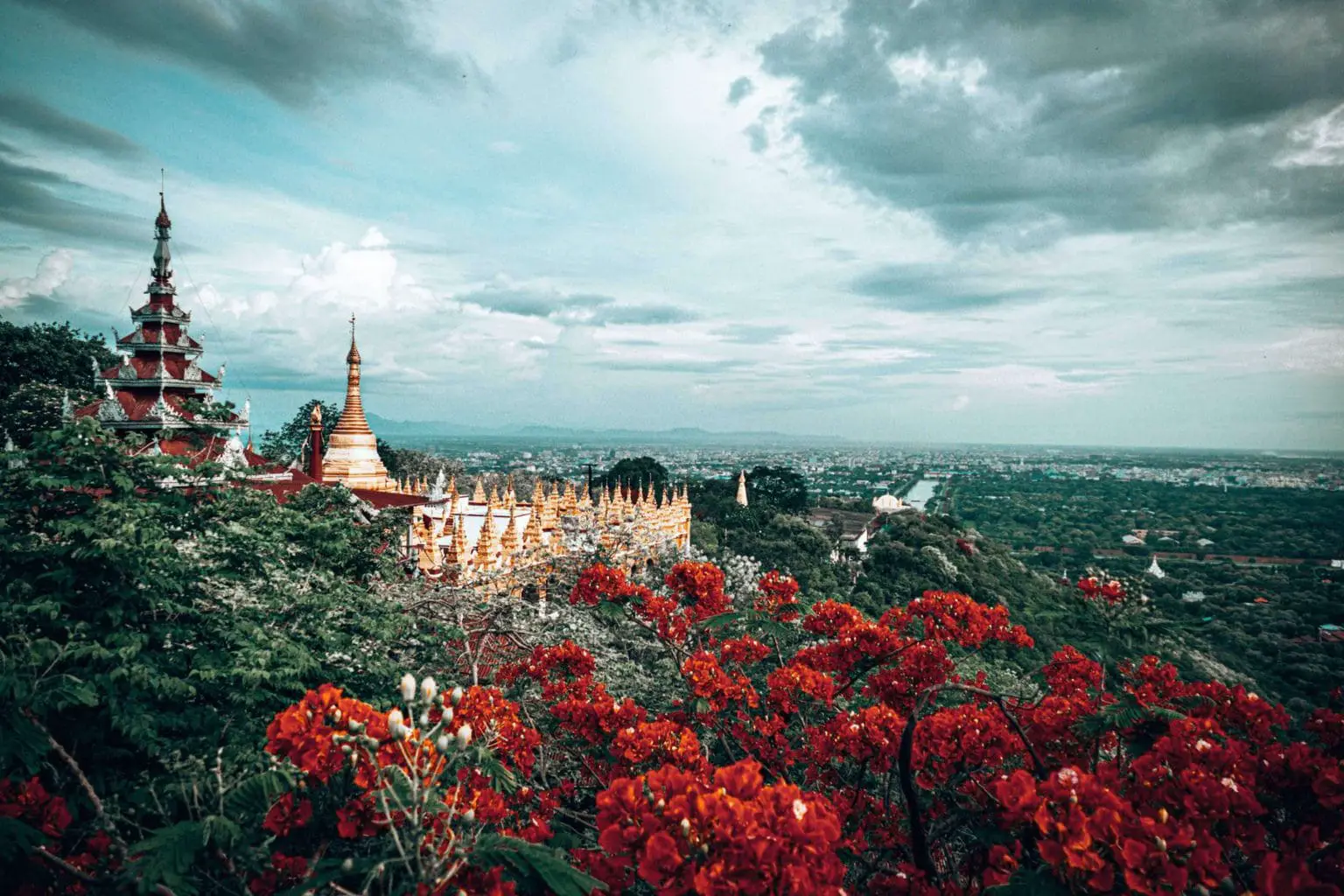 Picture of flowers and the view at Mandalay Hill in Mandalay, Myanmar